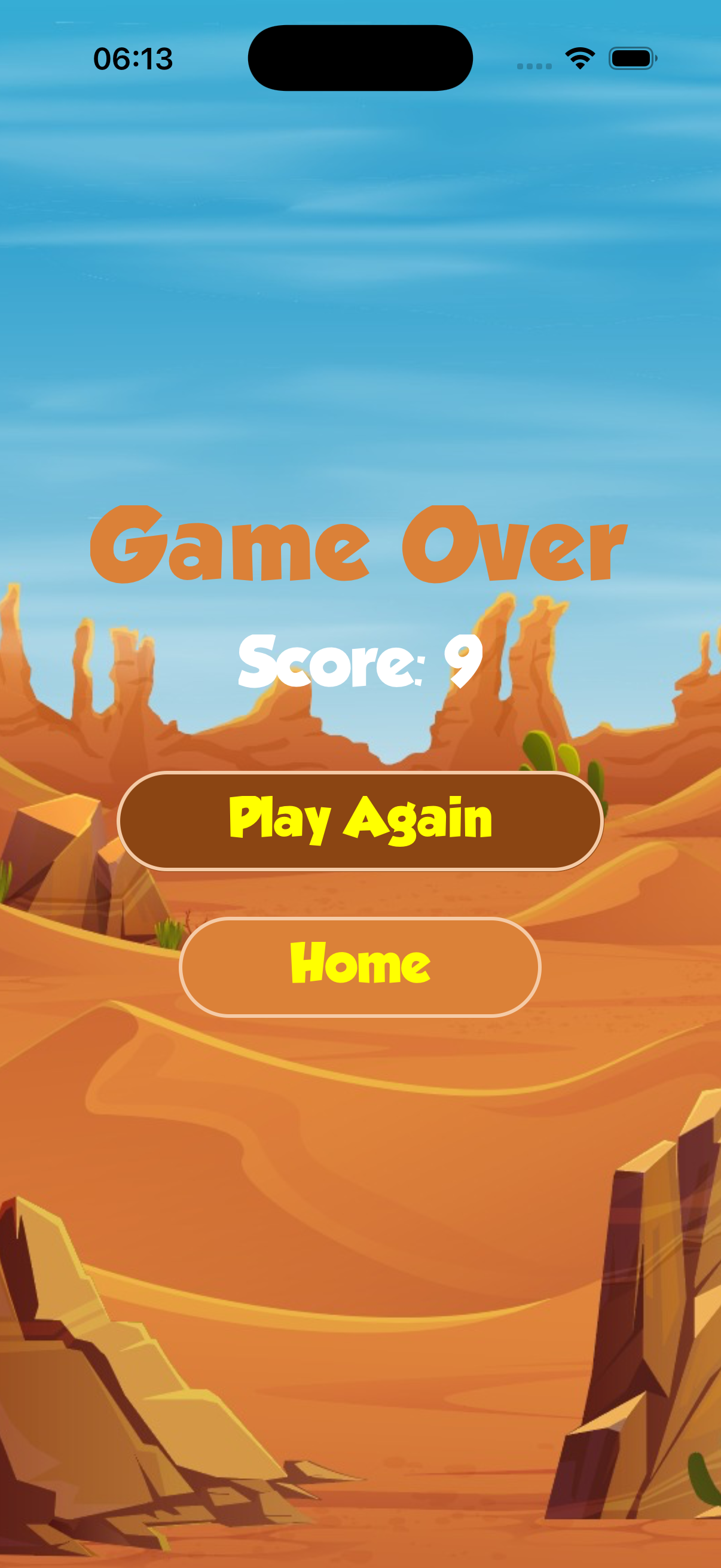 Sahara Jump game over screen showing final score